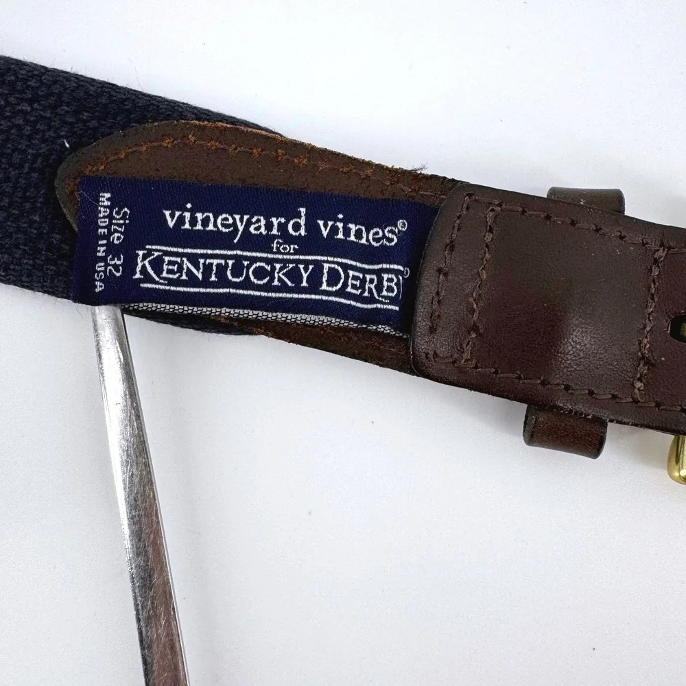 Vineyard Vines Belt‎ Men Sz 32 Navy Blue Kentucky Derby Horseshoe Leather Canvas